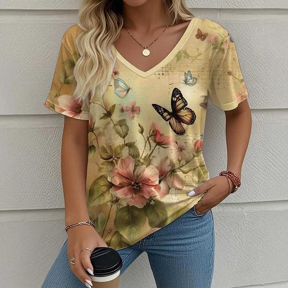 3D Butterfly Printed Short Sleeve T-shirt Korean Style Women's Clothes V-neck Short Sleeves Tees Shirt Loose Casual Blouses