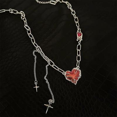 Gothic Irregular Red Heart Necklace Y2K Dark Love Ghost Claw Chain Necklaces Punk Grunge Aesthetic Egirl Branch Heart Necklace