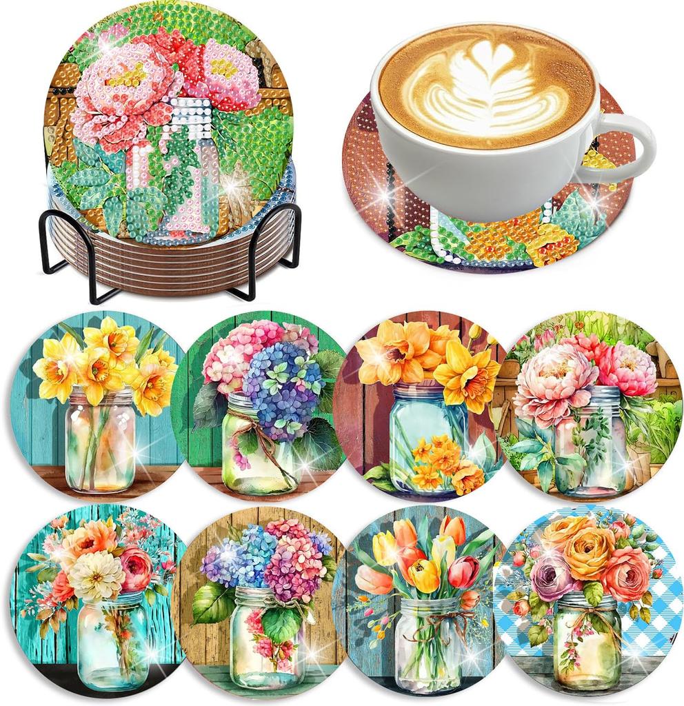 Mrpwnle 8-Piece Diamond Art Coaster Kit - Flower Diamond Painting Coaster Kit with Holder, DIY Flower Diamond Art Coaster Kit for Beginners, Adults,