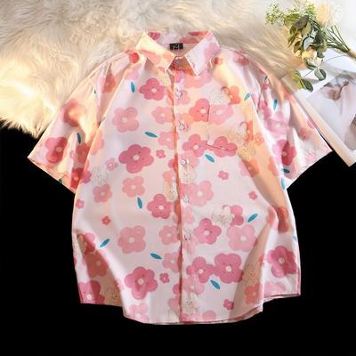 Female's Pink Short Sleeved Shirts Summer New Loose Japanese Blouses Turn-down Collar Printed Ladies' Shirt with Pocket