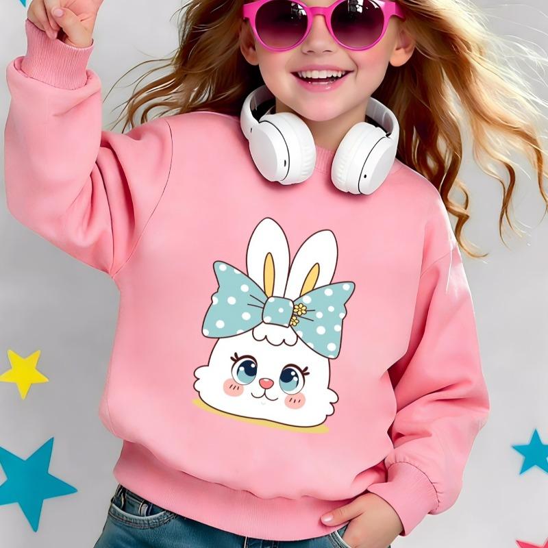 Kids Crewneck Sweatshirt, Cartoon Bunny With Bow Graphic Print