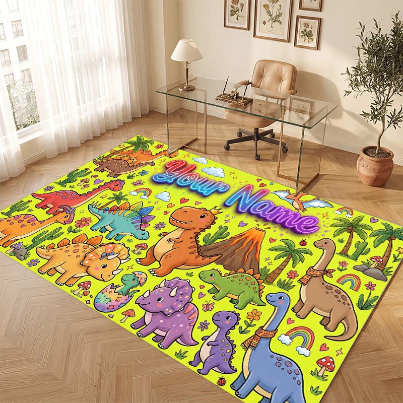 Dinosaur Theme Soft Crystal Velvet Rug Custom Name & Text Print Non Slip Floor Rug for Bedroom Living Room