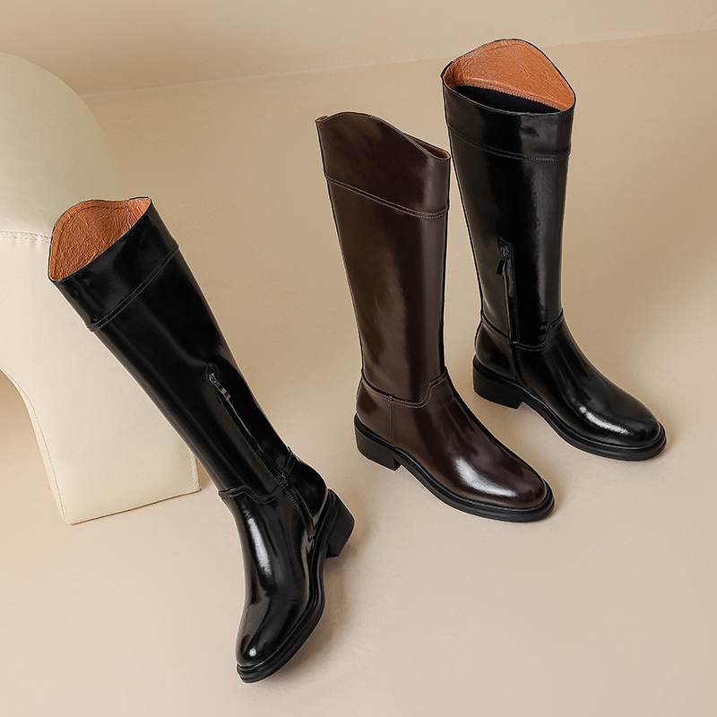 Krazing Pot Cow Split Skin Round Toe Med Heels Knight Boots Size 46 Size 45 Zip Plus Size Women Sewing Thigh High Boots