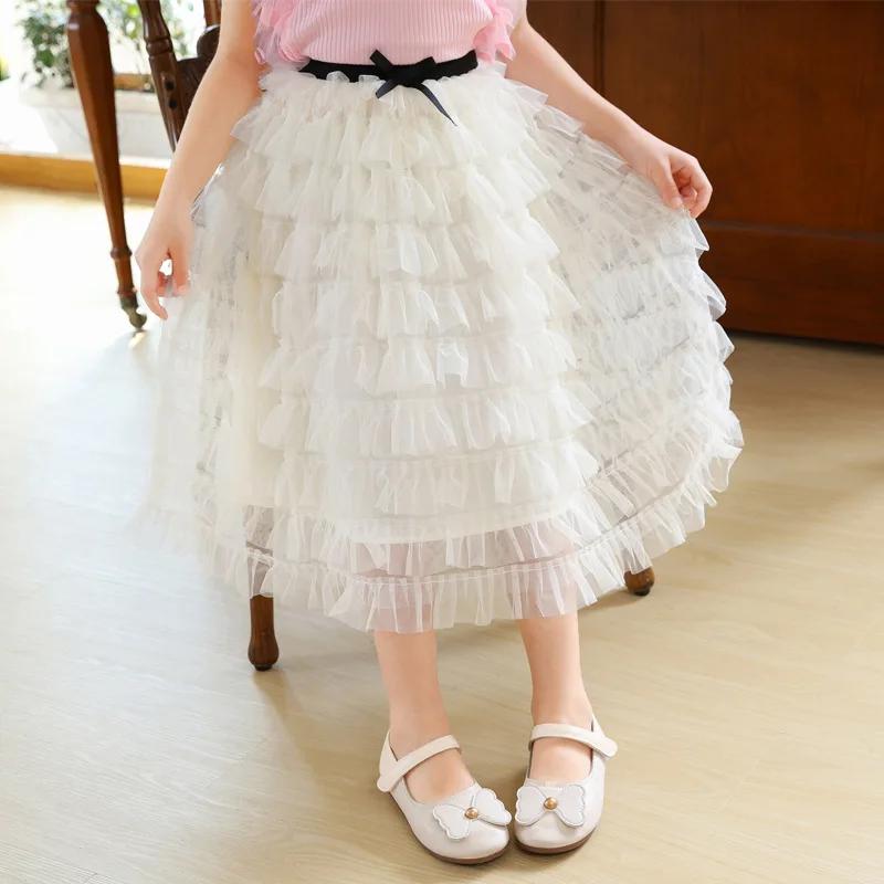 Girls Skirt Summer Mesh Fashion All-match Princess Skirt for Kids Casual Elastic Waist Teen School Children Long Skirt 4-12 Years