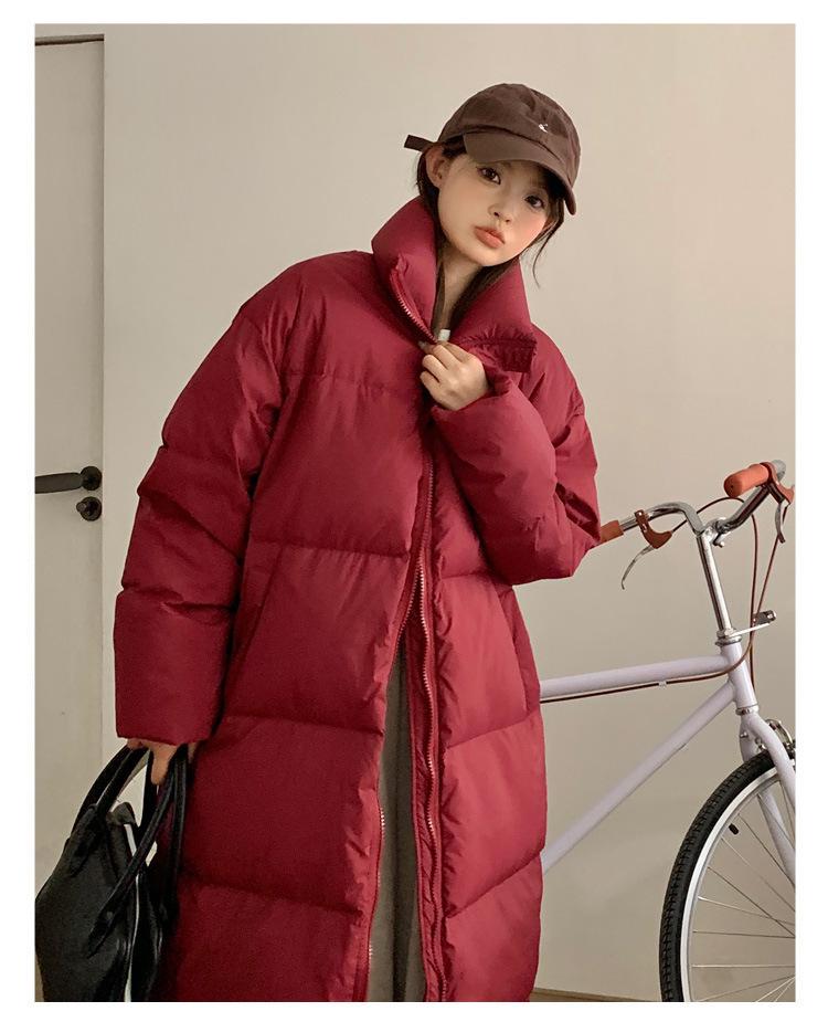 Women's Thick Padded Over-the-Knee Cotton Coat with Stand-Up Collar, Loose Fit, Plus Size, Long-Length Warm Outerwear.