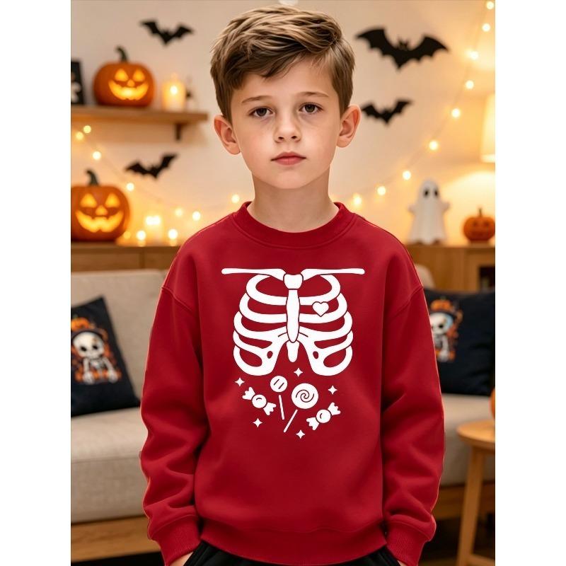 European sizes Halloween Boys Casual Skeleton Ribcage Candy Print Crewneck Sweatshirt Long Sleeve Pullover Graphic Top Kids Birthday Party