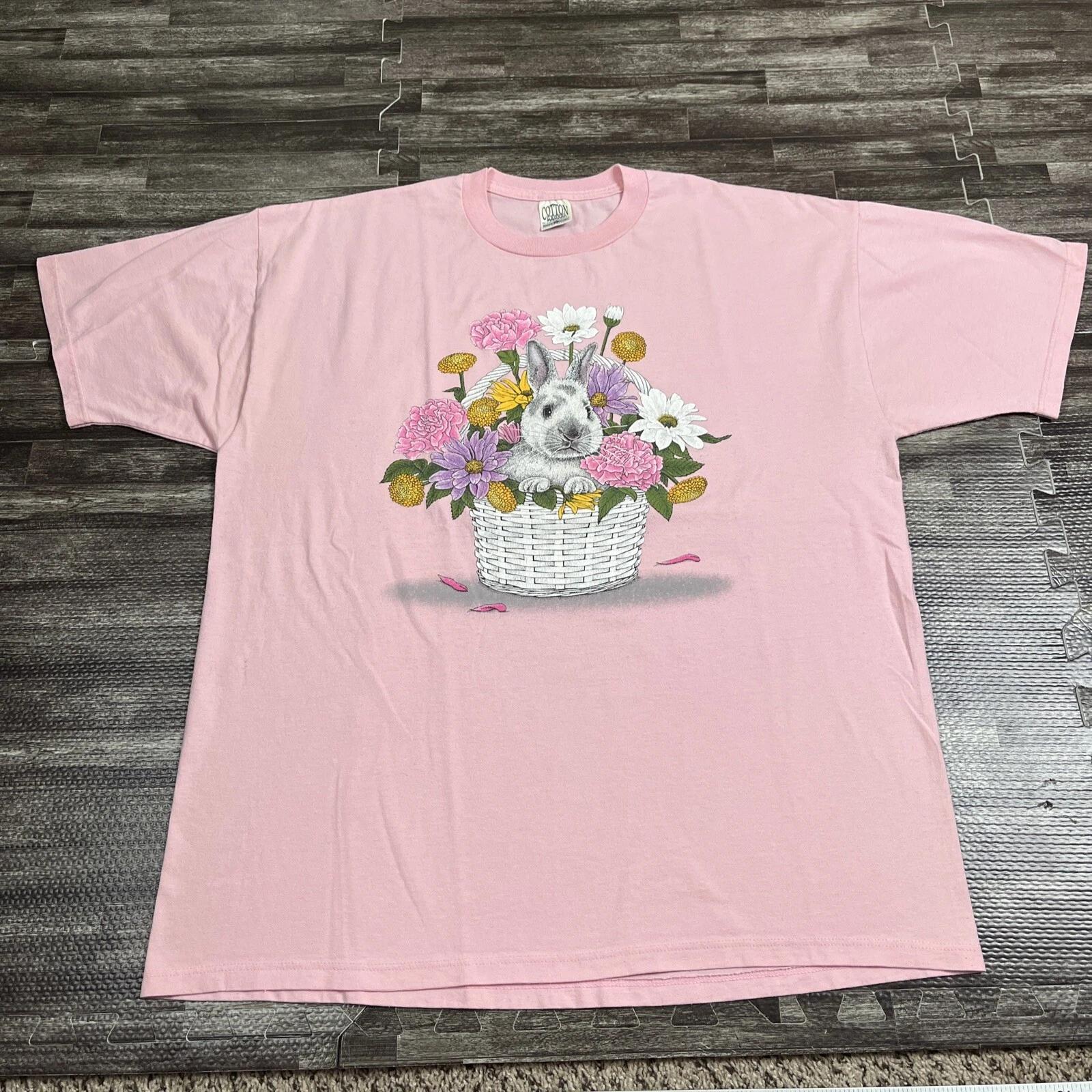 

Vintage 90s Bunny Rabbit Graphic Tshirt Pink XL Flowers Animal Spring VTG Unisex 3XL
