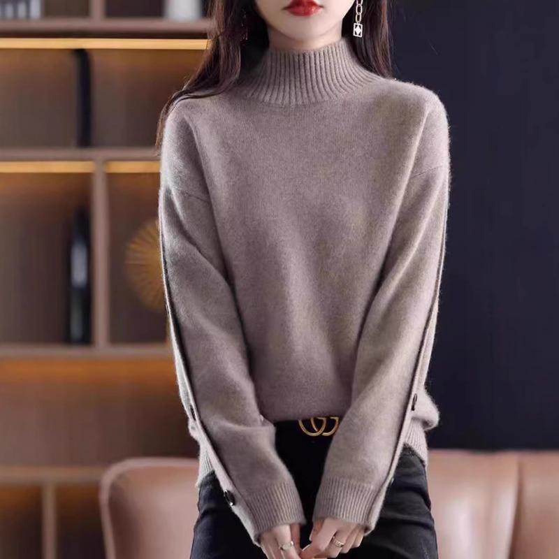 Autumn Winter Half High Collar Loose Casual Solid Color Sweater Women Simple All-match Bottomed Knitting Top
