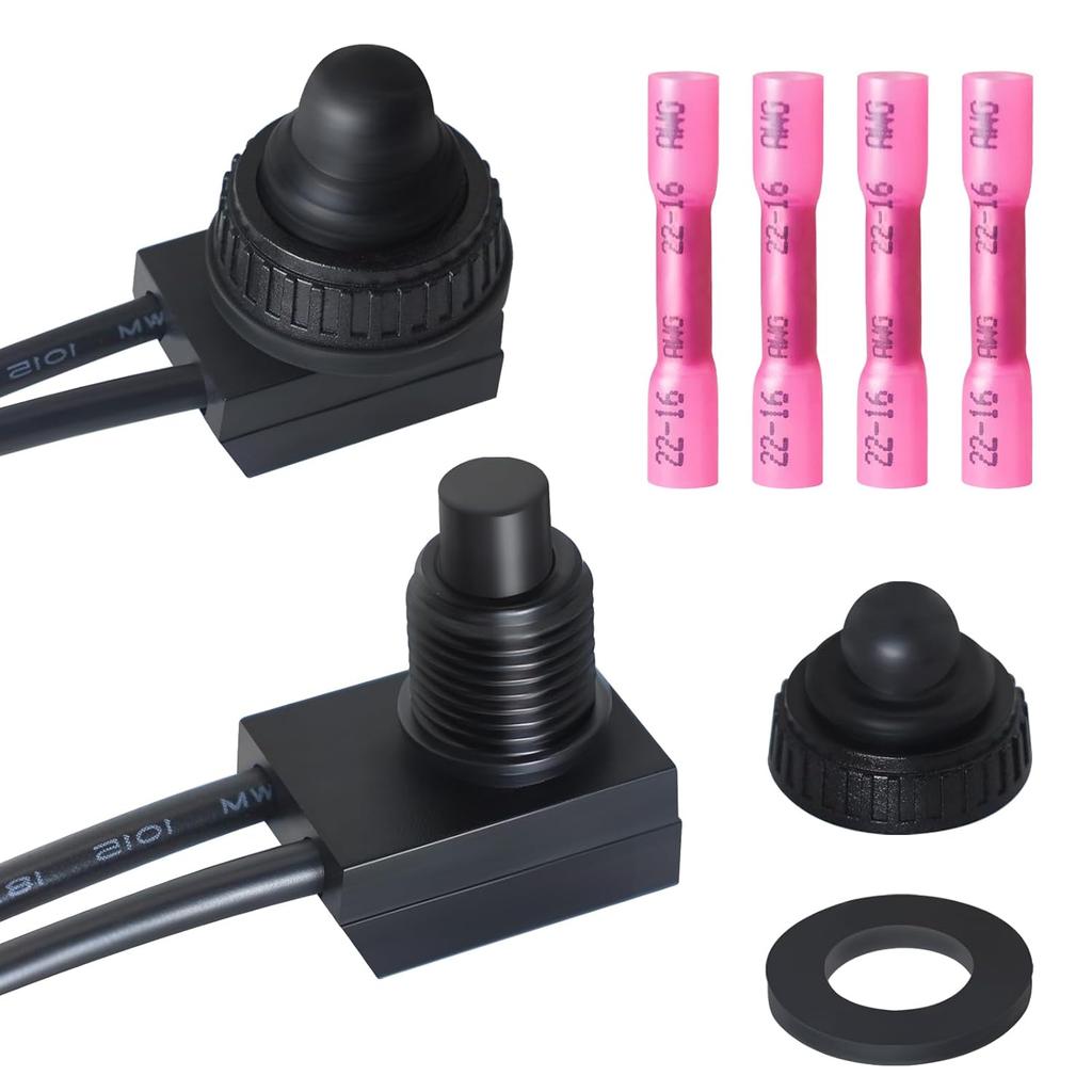 2PCS Waterproof Switch 12v, ON/Off SPST Waterproof Push Button Switch with 4.6 inch Lines for Auto, Motorcycle, RV, ATV and Boat (Black) KP-107