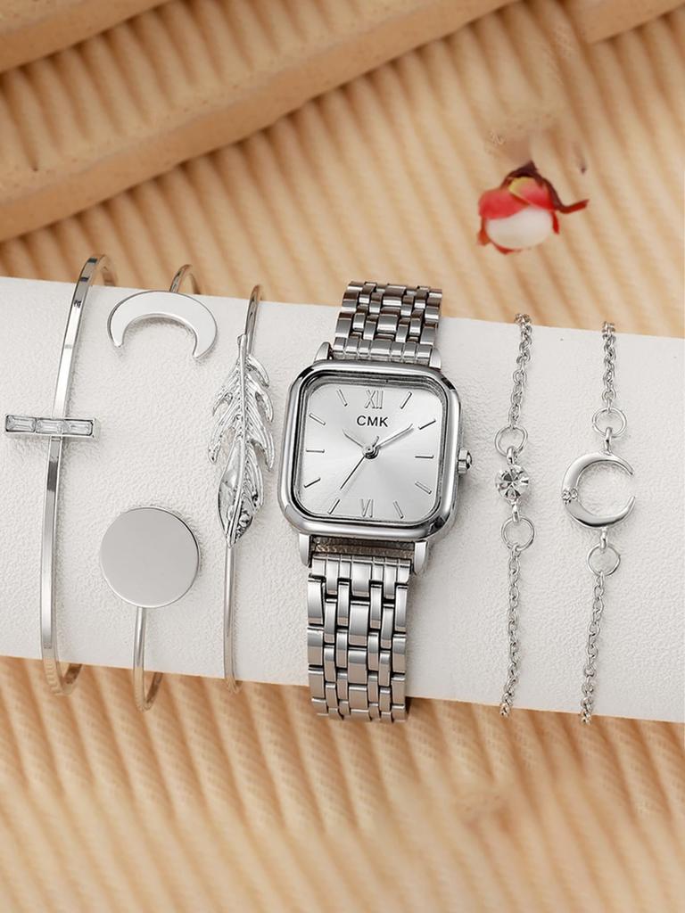 Fashion Light Luxury Square Dial Alloy Strap Women's Quartz Watch Bracelet Set of 6, Suitable for Thanksgiving and Christmas Gif