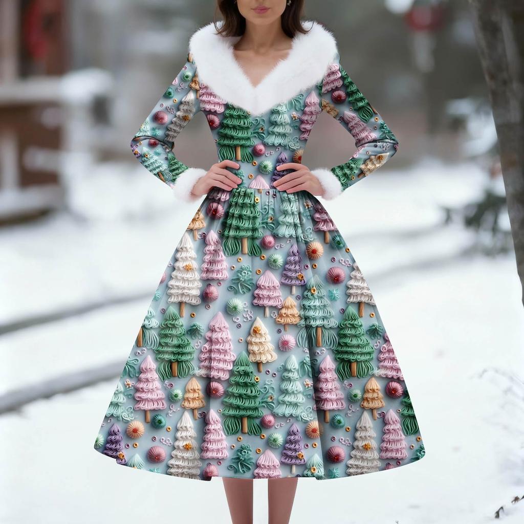 Women's Casual Dress Long-Sleeve V-Neck Patchwork Fleece Christmas Print Dress