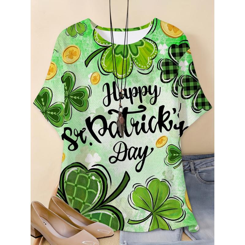 Fashion Women's Crew Neck Short Sleeve 3D Four Leaf Clover Color Printed Four Leaf Clover Short Sleeve Crew Neck T-Shirt
