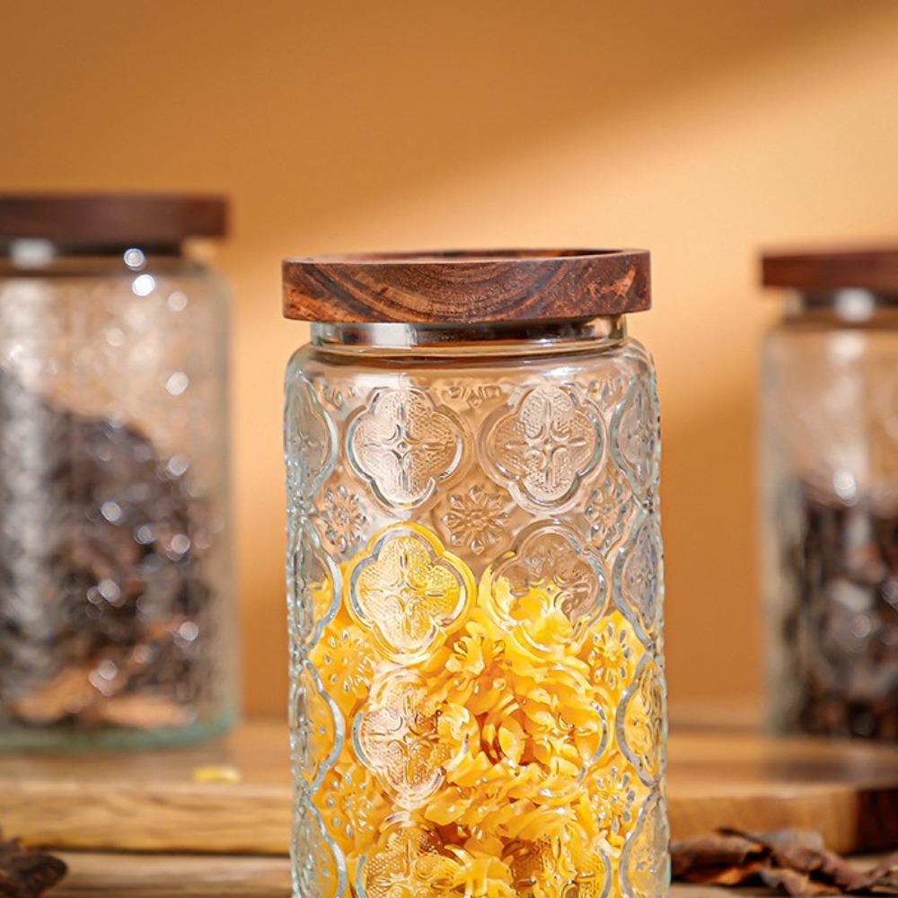 New 1000ML Storage Bottles Jars Embossed Pattern Glass Food Storage Containers with Wooden Lid Begonia Airtight Canister Kitchen