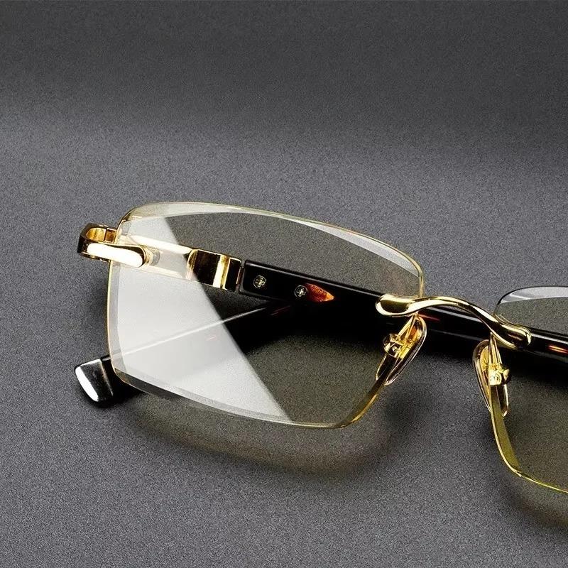 Herren Retro Randlose Lesebrille mit Augenschutz Gelbe Gläser Anti-Ermüdungs-Plus-Brille Altersweitsicht +1.0 2.0 3.5 4.0