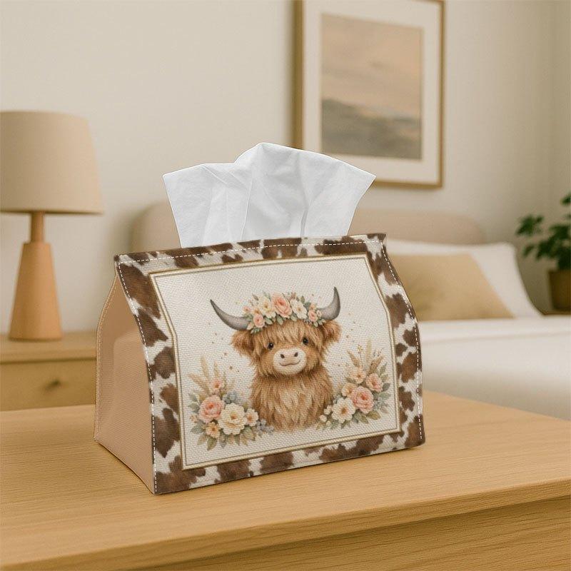 2D Flat, 1pc Rustic Farm Illustration Tissue Box - Bull Head Animal Floral Print, Durable Fabric, Suitable for Kitchen, Living Room, Bedroom, Car, for