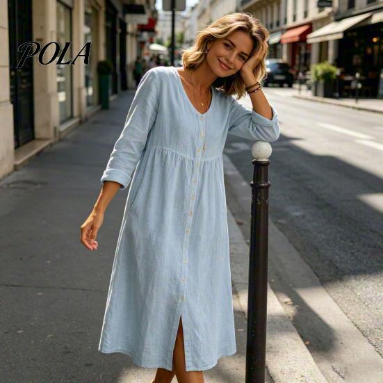 Women Summer Outfit Midi Dress for Women, Button Down Long Sleeve Versatile Party A-line Dress, Casual Loose V Neck Flowy Vacation Outfits Mid-length