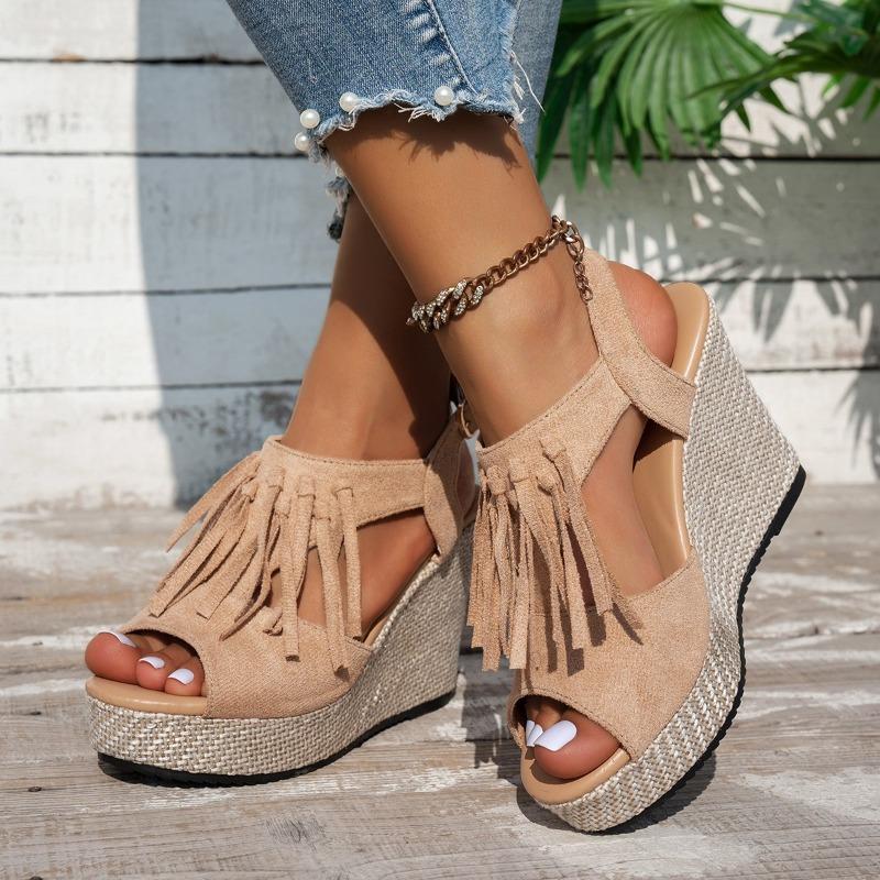 Summer Platform Wedge Fringed Sexy Fish Mouth Bohemian Openwork Sandals for Women