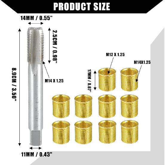 Outer Universal Spark Plug Thread Repair Tools Set with M12x1.25 Inner Thread Inser and M14x1.25 Tap/Engine Repair Tools/Durable/Gold Tone