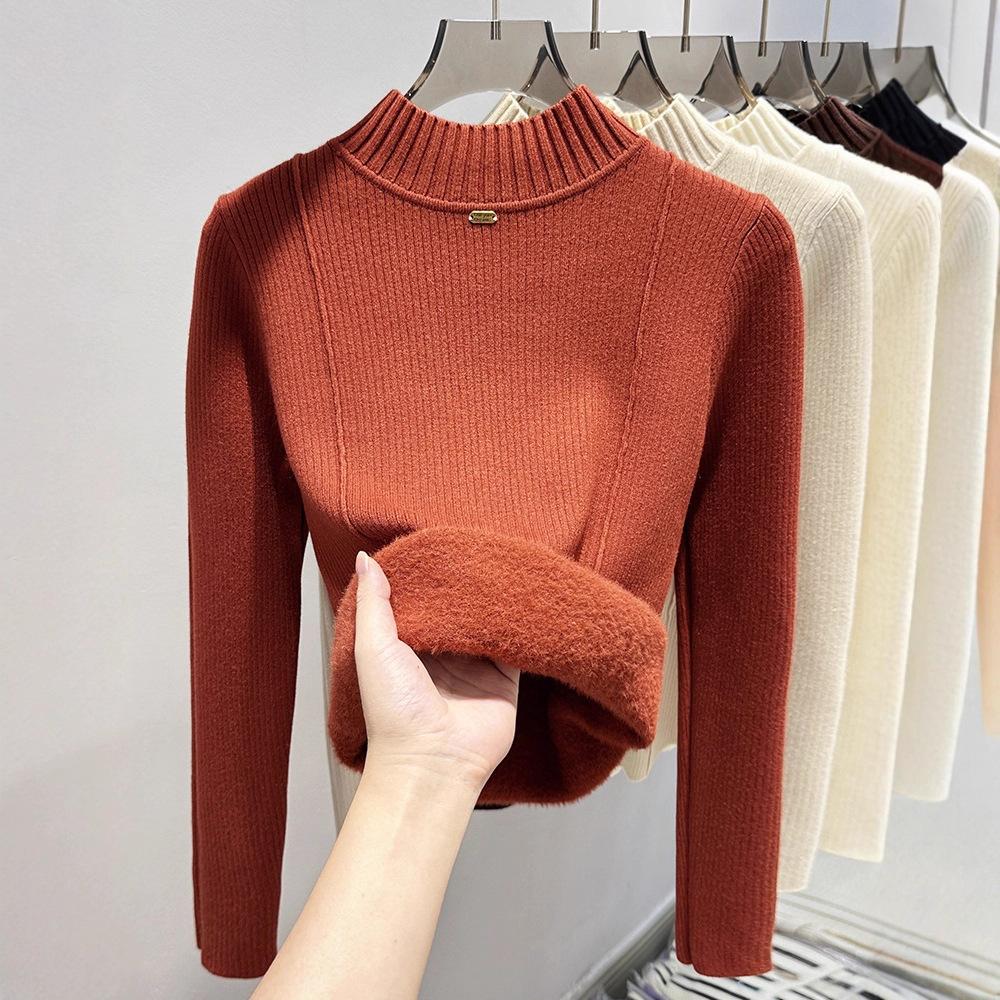 Integrated fleece fabric, fleece thickened sweater women's semi-turtleneck bottoming shirt with new autumn and winter knitted sweater inside