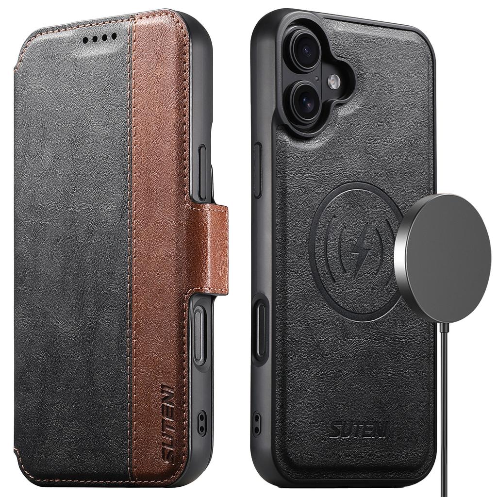 SUTENI Q-07 For iPhone 16 Case Magnetic Color Splicing Cowhide Texture Leather Cover