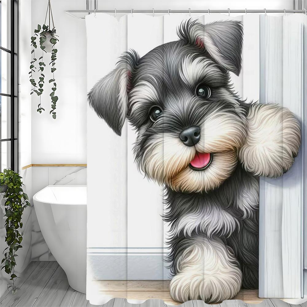 Cute Schnauzer Shower Curtain, Bathroom Decorative Shower Curtain, Waterproof Shower Curtain with Hooks