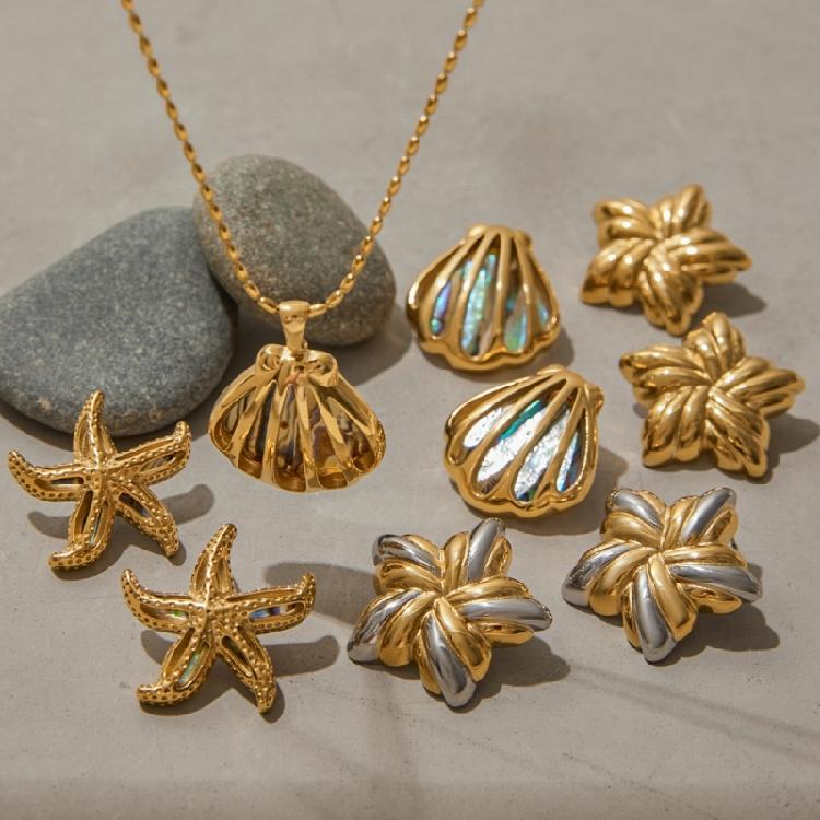 Biżuteria inspirowana motywami morskimi Naszyjnik z muszli abalone Kolczyki sztyfty ze zdobieniami w kształcie rozgwiazd Stal nierdzewna Łańcuszek