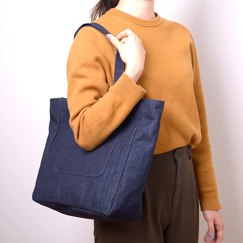 Aurora Okayama Denim Tote Bag, Made in Japan, A4 Size, Shoulder Strap, Zippered, Diaper Bag (Indigo Blue)