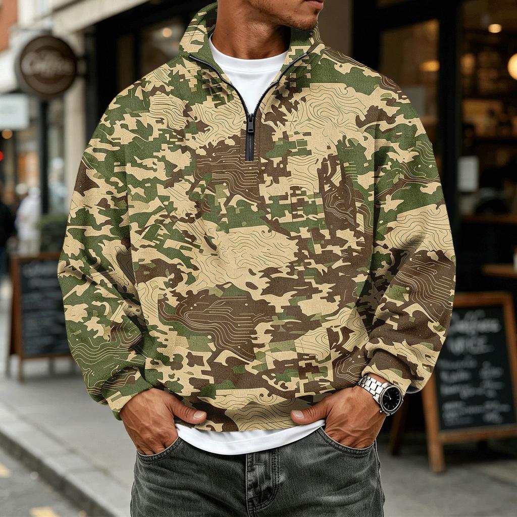 Men's Casual Long Sleeve Sweatshirt with Camouflage Print