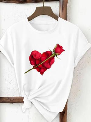 (Asian Size) Women Clothing T Shirt Woman Print Tee Top Fashion Love Sweet Flower Floral Female Short Sleeve Graphic T-shirts