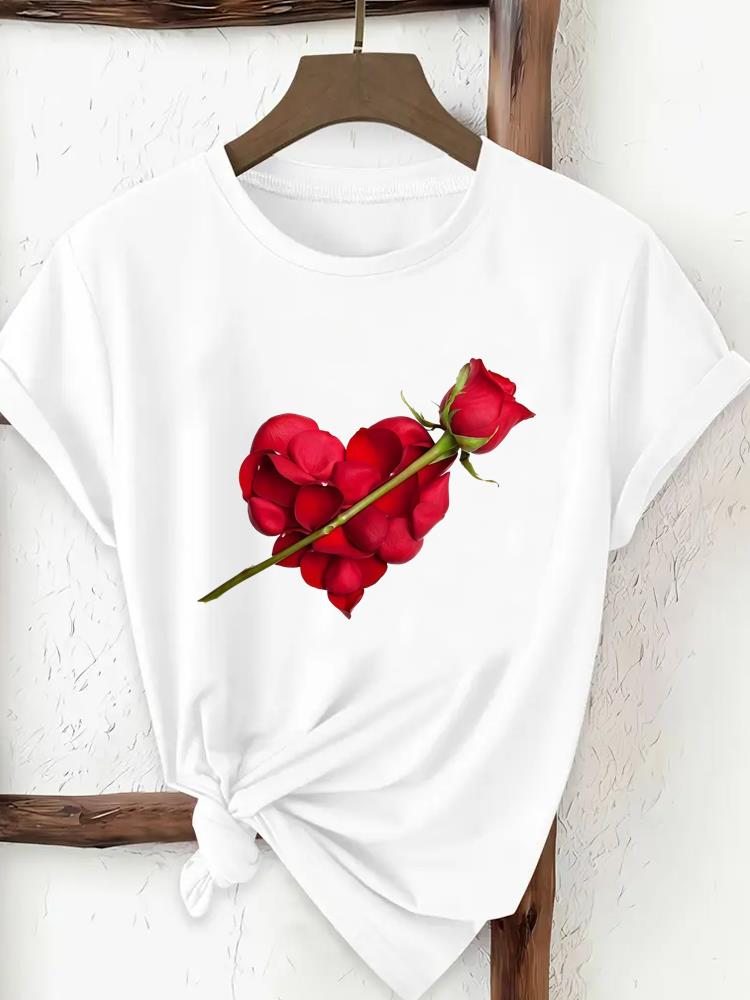 (Asiatische Größe) Damenbekleidung T-Shirt Aquarellblume niedlich Damen-Print T-Shirt Top Mode Damen Kurzarm Grafik T-Shirts