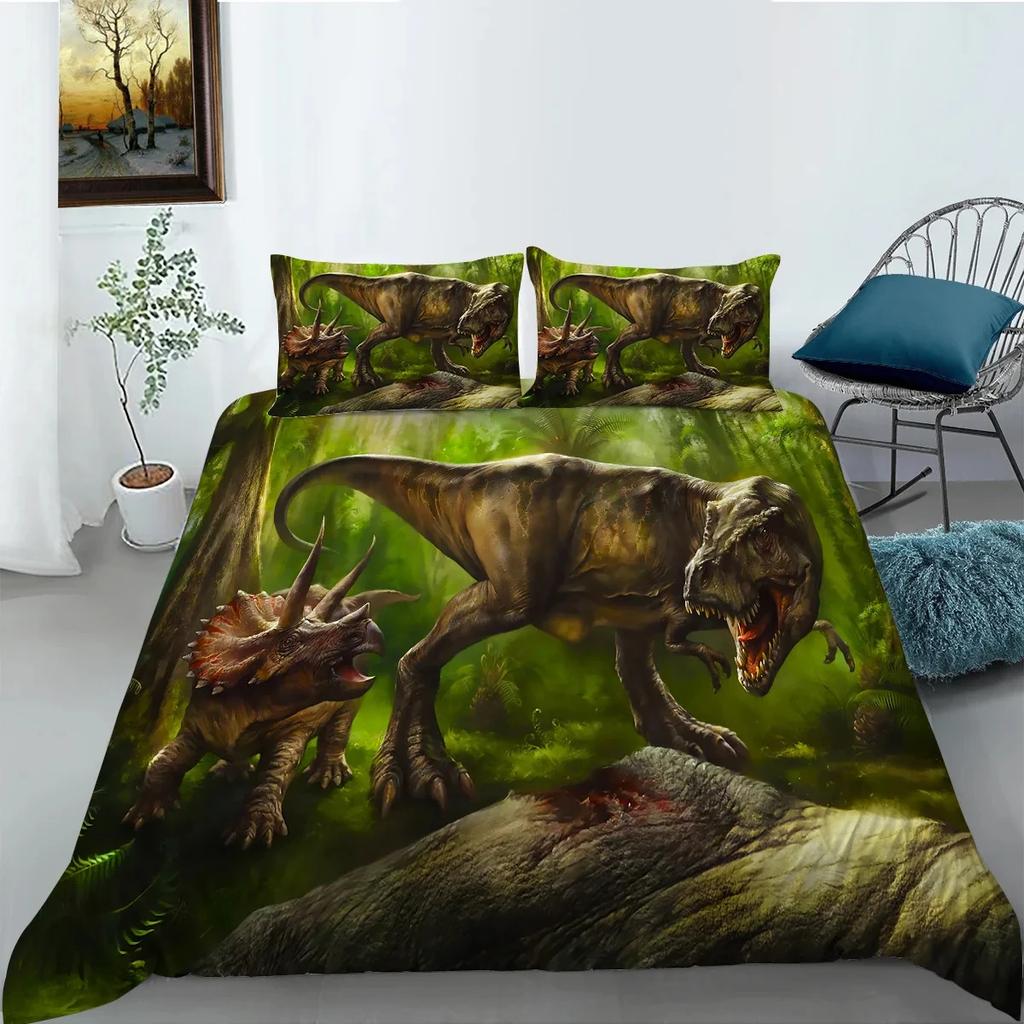 Jurasic Dinosaur Soft Duvet Cover Set for Young Boys King/Quen Sized Dimensions Polyester Beding Set Big Stegosaurus Brontosaurus Pterosaur