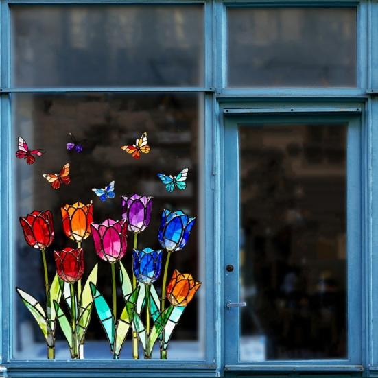 Tulip Stained Glass Window Film Decorative Tulip Bouquet Butterfly Window Cling Reusable Static Glass Sticker for Bathroom Living Room