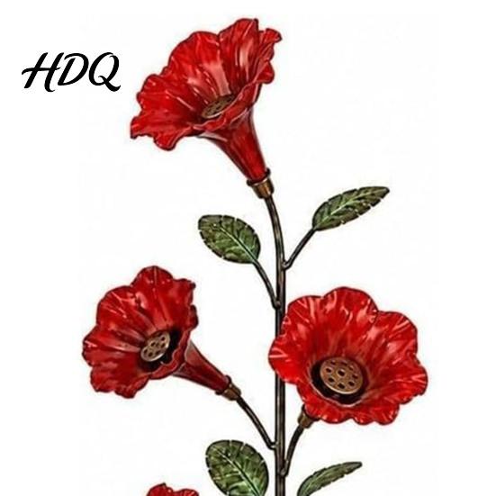 Decorative Garden Accent Red Flower Metal Bird Feeder Backyard Ground Stake Hummingbird Feeder Wildlife Watering Station