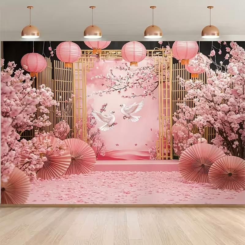 

2D Cherry Blossom Wedding Tapestry, Pink Sakura with White Doves Backdrop 47.2x31.5inch/120*80cm