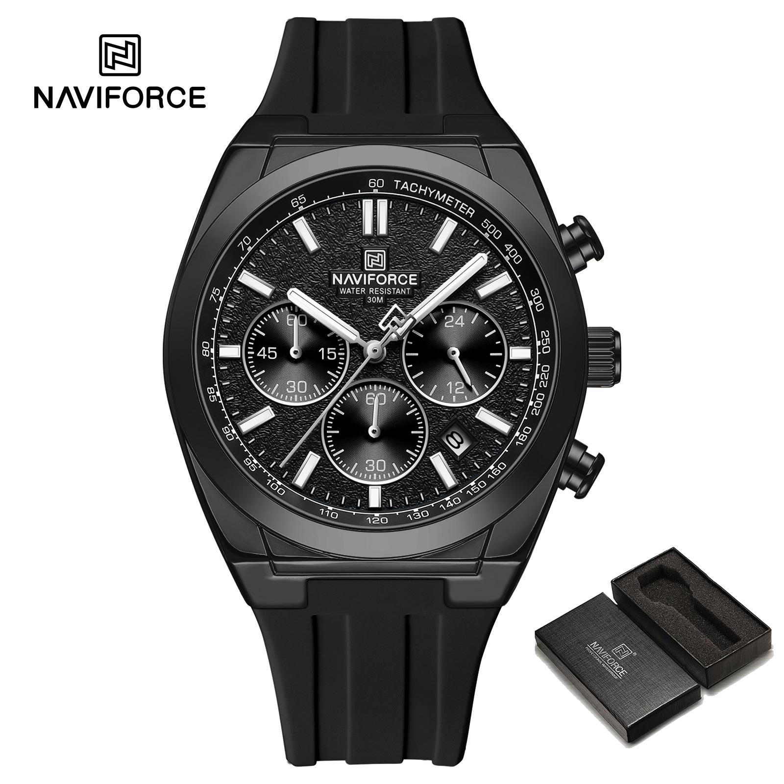 

NAVIFORCE Чоловічий Годинник Календар Кварцовий Механізм Силіконовий Ремінець Секундомір Хронограф Люмінесцентні Стрілки Водонепроникний Чоловічий Повсякденний Багатофункціональний Годинник NF8080 чорний