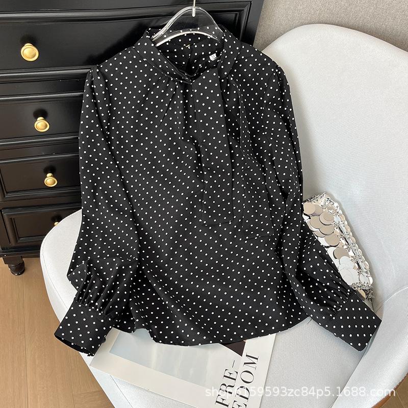 Unique design, chic polka dot long-sleeved shirt, women's 2025 new high-end slim-fitting versatile and thin top