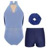 Girls Gymnastics Dance Outfit Sleeveless Keyhole Back Rhinestones Leotard V Waistband Shorts Hair Tie