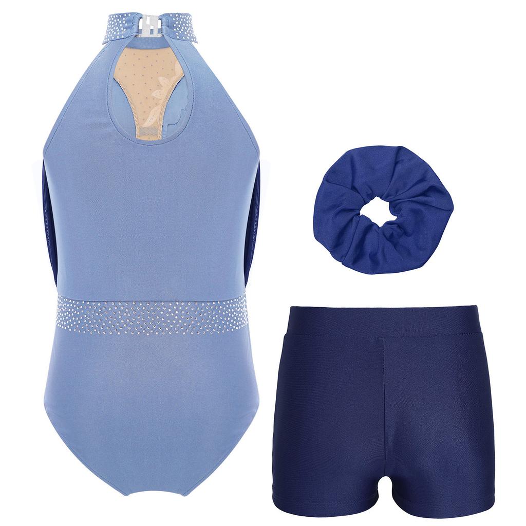 Girls Gymnastics Dance Outfit Sleeveless Keyhole Back Rhinestones Leotard V Waistband Shorts Hair Tie