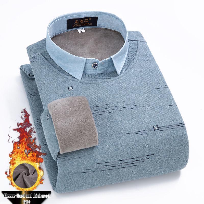 Men's Loose Knit Sweater with Faux Two-Piece Shirt Collar, Fleece-Lined, Thick Warm Winter Stand-Up Collar Top