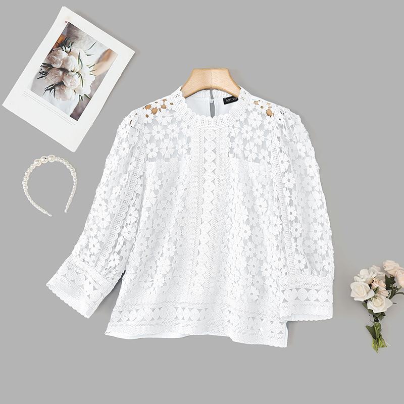 ZANZEA Womens Casual 3/4 Sleeve Loose Patchwork Lace Blouse