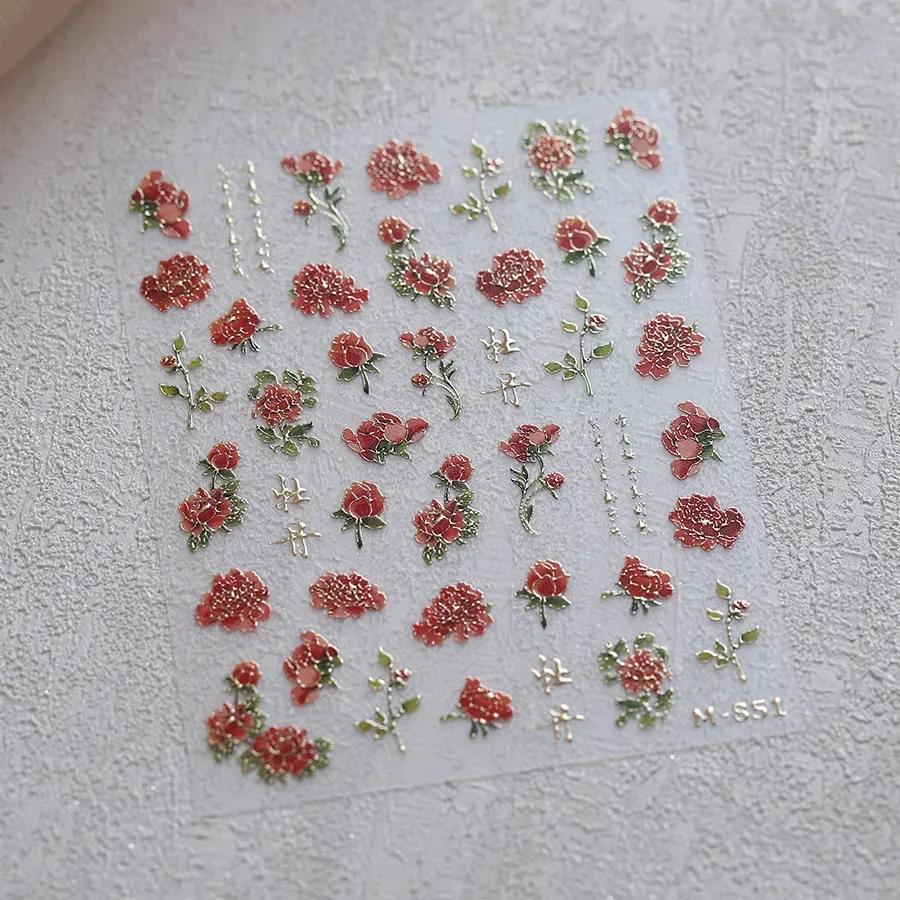 White Flower Gold Leaf Floral Petal Tulip Bloom Charming Retro Metal Soft Self Adhesive 5D Nail Art Sticker Manicure Decal DIY
