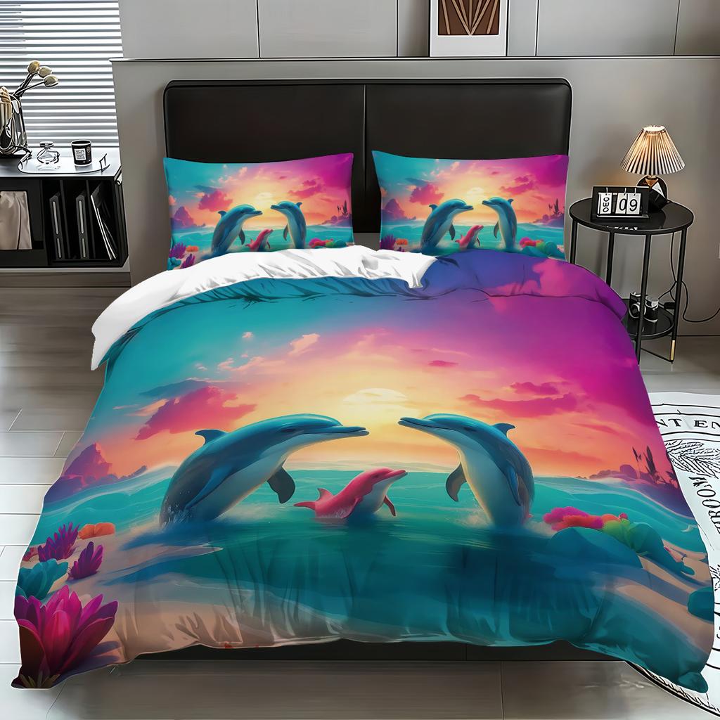 Bedding Dolphin 3D Printed Pillowcase Polyester Abraded Bedding Three-Piece Set