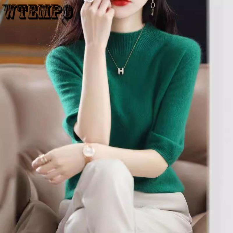 Pulover Tricotat pentru Femei Gât Rotund Mânecă Medie Pulover Tricotat Ediție Coreeană Top Interior de Fund