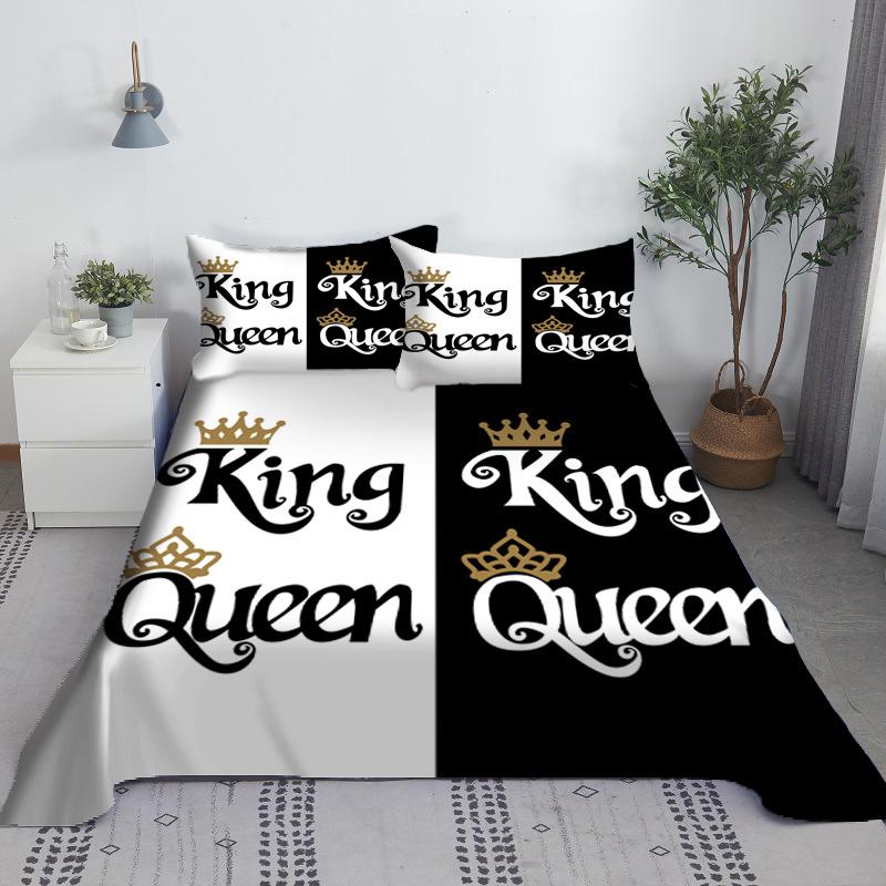 Black White Queen King Bed Sheet 2/3pcs Set Digital Print For Adult Polyester Bed Flat Sheet With Pillowcase Bedding Bed Linen