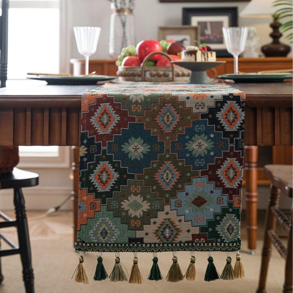 Table Runner Vintage Colored Jacquard Diamond Shaped Geometric Tassel Tea Flag Dining Flag Long Strip Thickened