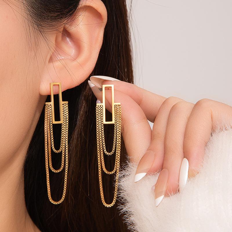 Elegant Geometric Titanium Steel Three-Layer Bead Line Stud Earrings for Women
