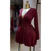 Women's V Neck Long Sleeve Mini Dress Slim Fit Mid Waist Elegant Pleated Knit Short Dress For European American Women