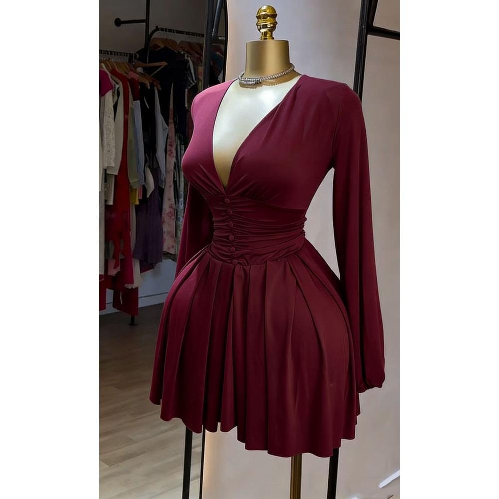 Women's V Neck Long Sleeve Mini Dress Slim Fit Mid Waist Elegant Pleated Knit Short Dress For European American Women