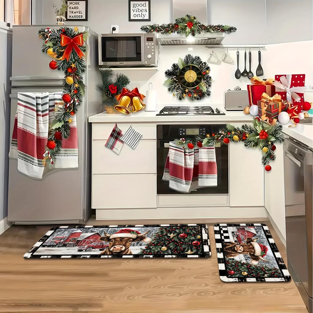 2 Stück Anti-Ermüdungs-Küchenteppiche Frohe Weihnachten Festlich Wasserdicht Rutschfest Dick Gepolsterte Küchenmatte Schwerlast Komfort Stehmatte für Küche