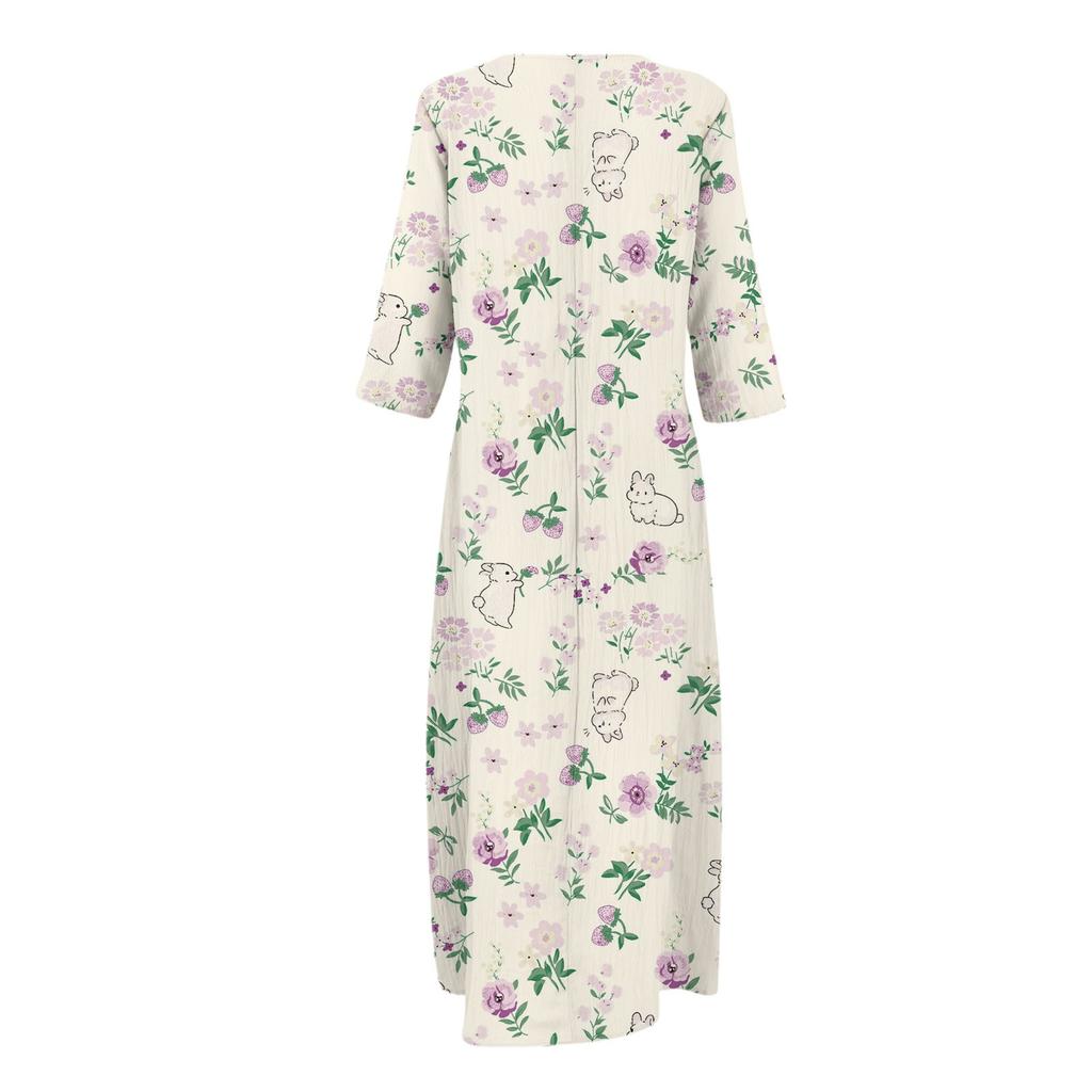 Dresses For Womens Vintage Print Tunic Waisted Midi Dress Summer Casual  3/4 Sleeve Dress